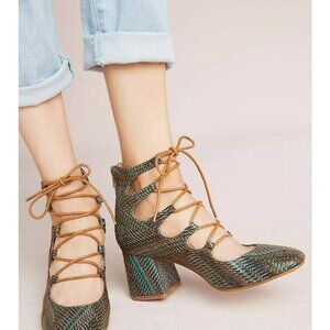 Vanessa Wu Ghillie Lace-Up Block Heels Size 38 US 7.5 Leather Upper Brown & Teal